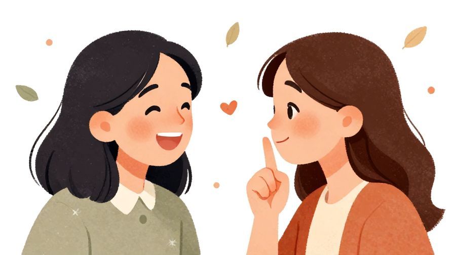 Illustration%20of%20two friends laughing but one holding a finger to lips playfully, with soft dots and floating leaves in background