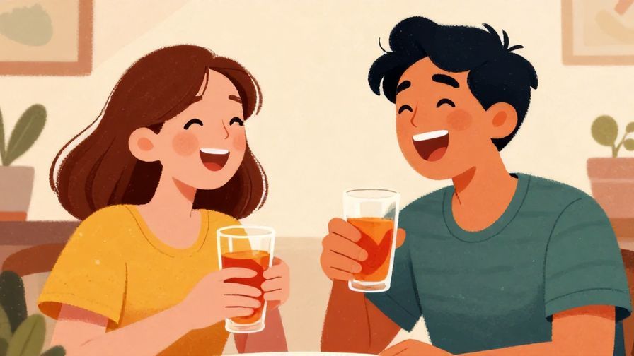 Illustration%20of%20two friends laughing loudly while sharing drinks at a casual gathering, warm lighting, vibrant colors, illustrated style