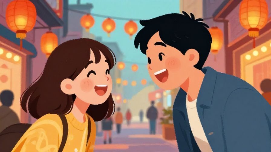 Illustration%20of%20two friends laughing together, one leaning forward eagerly, colorful street background with lanterns, lively and warm, illustrated style