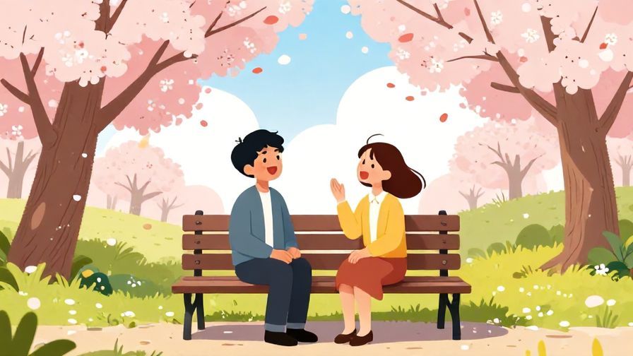 Illustration%20of%20two friends laughing together on a park bench under cherry blossom trees, vibrant colors, playful and relaxed atmosphere, illustrated style