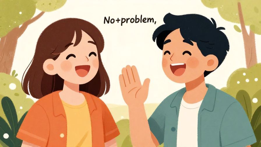 Illustration%20of%20two friends laughing together outdoors, one waving a hand dismissively, symbolizing “No problem,” bright colors, illustrated style