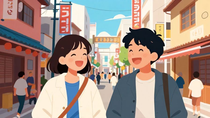 Illustration%20of%20two friends laughing together on a busy street with Kansai-style architecture, vibrant colors