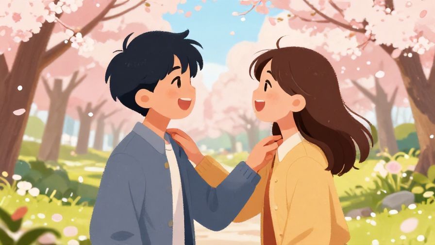Illustration%20of%20two friends laughing together, one rubbing the back of their neck awkwardly after joking, vibrant park scene with cherry blossoms