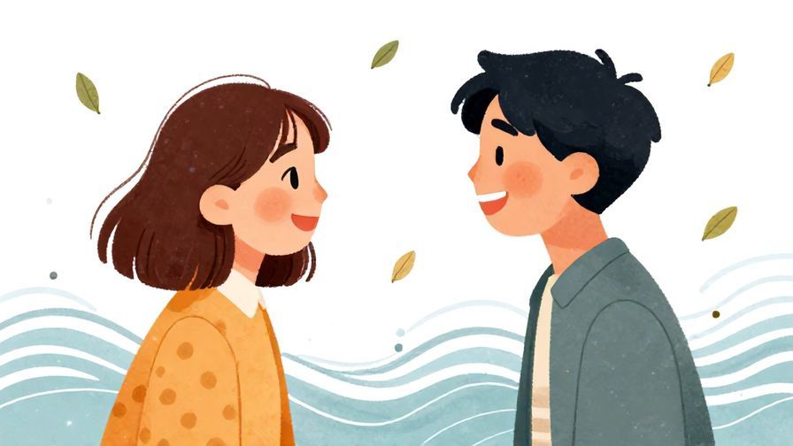 Illustration%20of%20two friends laughing together, casual setting with floating leaves and gentle waves, warm colors, illustrated style