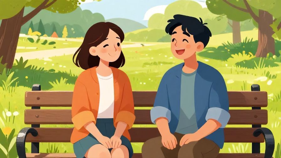 Illustration%20of%20two friends laughing together on a bench, one shrugging with a cheeky smile, bright afternoon park background, vibrant colors, illustrated style