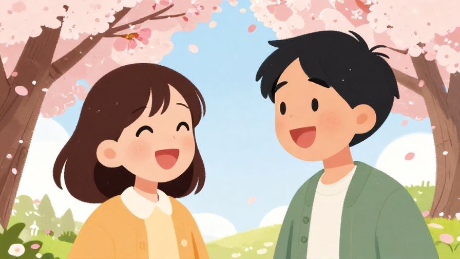 Illustration%20of%20two friends laughing together under cherry blossoms, joyful and bright scene