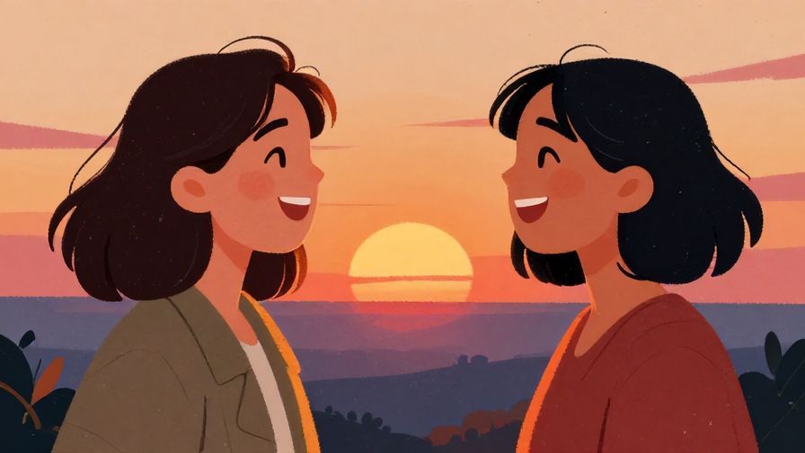 Illustration%20of%20two friends laughing together with a sunset background, vibrant colors, illustrated style