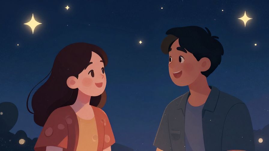 Illustration%20of%20two friends laughing under a soft glowing night sky full of stars, sharing a lighthearted moment