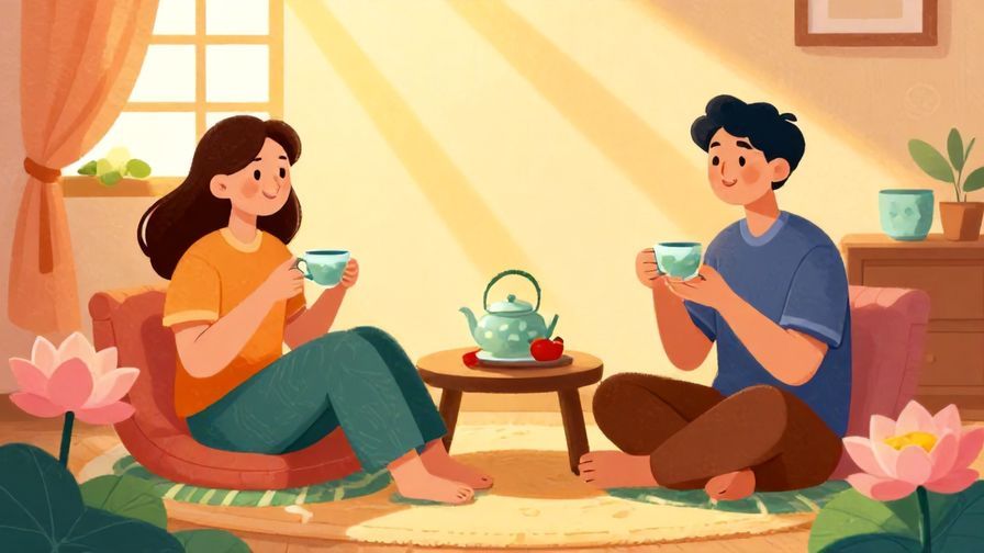 Illustration%20of%20two friends lounging with tea in a cozy room with warm sun rays and lotus flowers, peaceful and happy atmosphere, vibrant colors, illustrated style