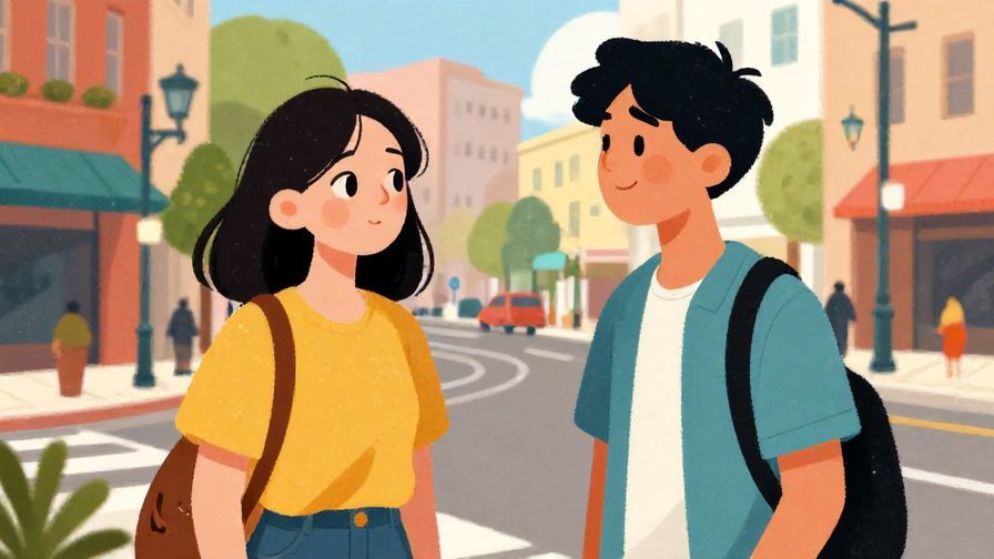 Illustration%20of%20two friends meeting on a street corner, one looking curious, the other smiling, daytime urban background, vibrant colors, illustrated style