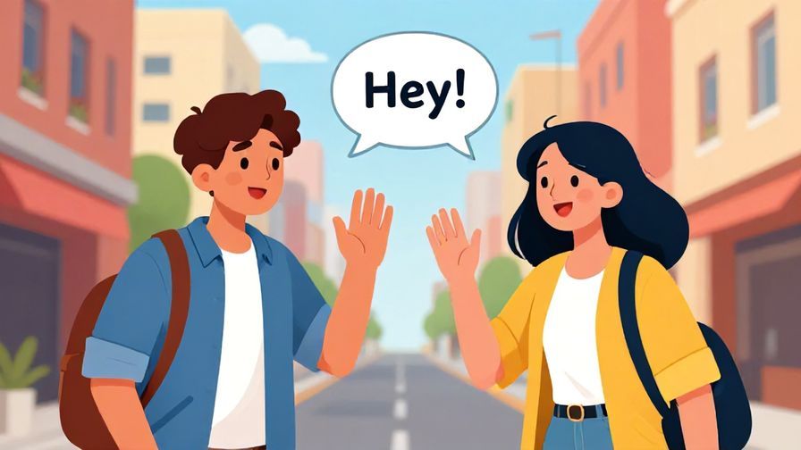 Illustration%20of%20two friends meeting unexpectedly on a city street, one waving excitedly and saying “Hey!”, colorful urban background