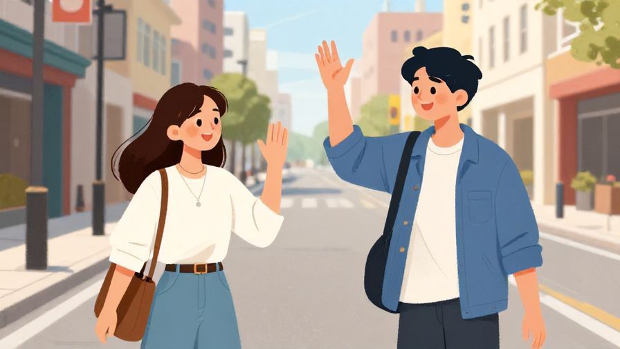 Illustration%20of%20two friends parting ways on a city street, exchanging smiles and waves, bright daylight, illustrated style