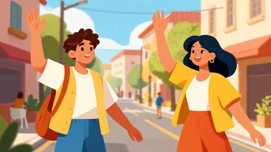 Illustration%20of%20two friends parting ways on a sunny street, waving and smiling, vibrant colors
