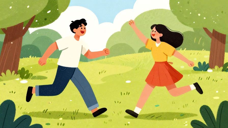 Illustration%20of%20two friends playfully chasing each other in a park, smiling and laughing, vibrant colors, illustrated style