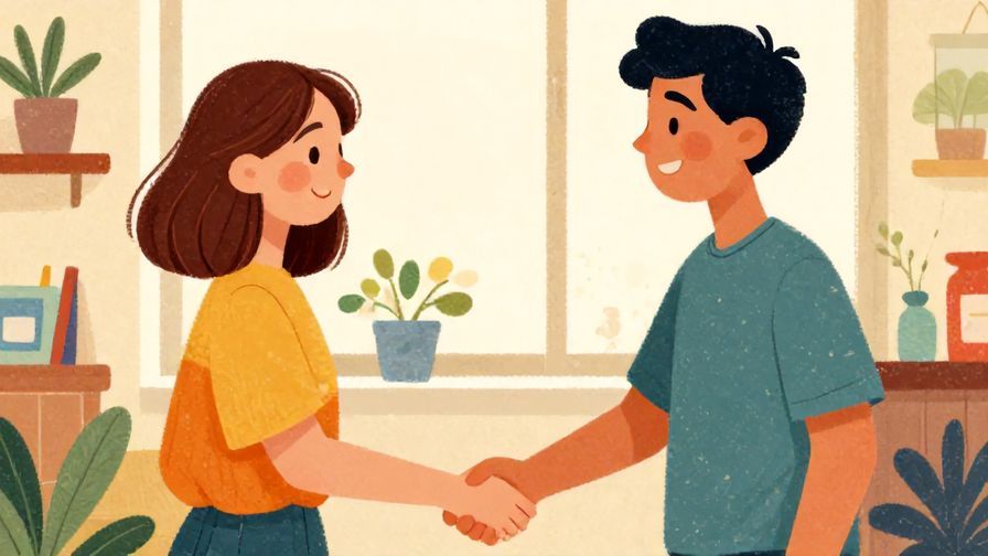 Illustration%20of%20two friends shaking hands with warm smiles, detailed background, vibrant colors, illustrated style