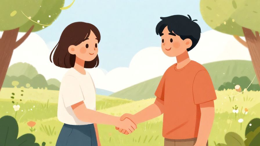 Illustration%20of%20two friends shaking hands with smiles, sunny outdoor scene