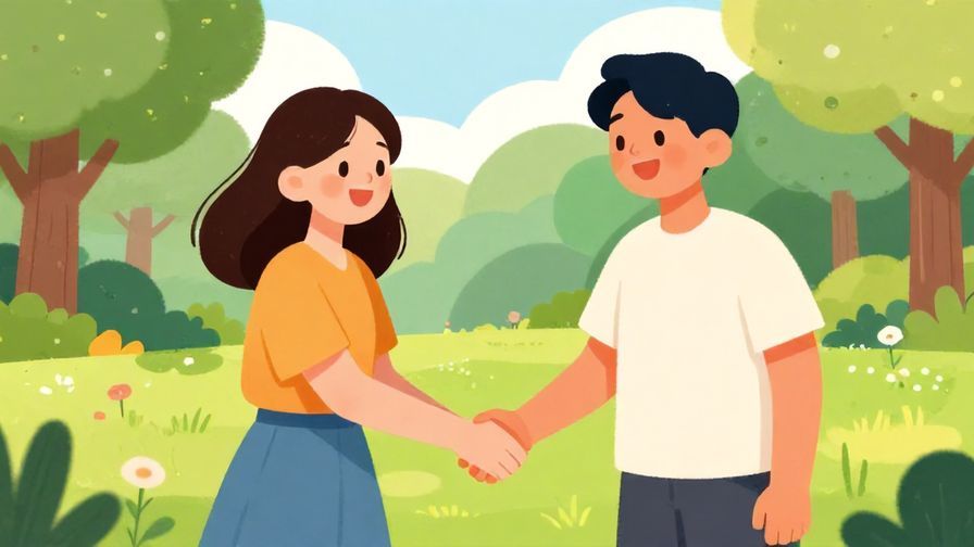 Illustration%20of%20two friends shaking hands with happy smiles in a peaceful park, vibrant colors, illustrated style