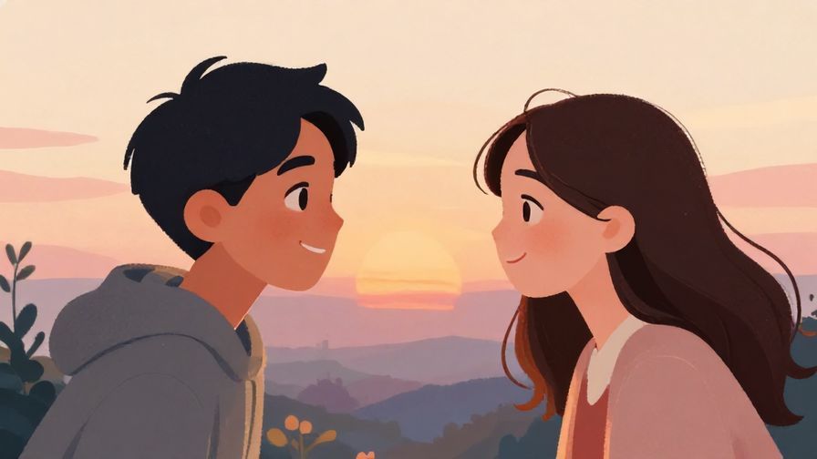 Illustration%20of%20two friends sharing a heartfelt moment, smiling warmly with sunset in the background, soft pastel colors, illustrated style