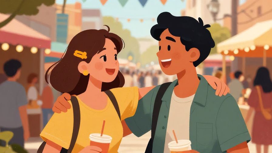 Illustration%20of%20two friends sharing a laugh, arms around each other’s shoulders, lively street festival background