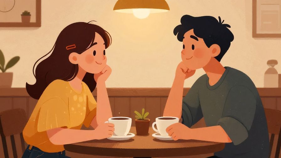 Illustration%20of%20two friends sharing a laugh in a cozy cafe, warm lighting, casual vibe