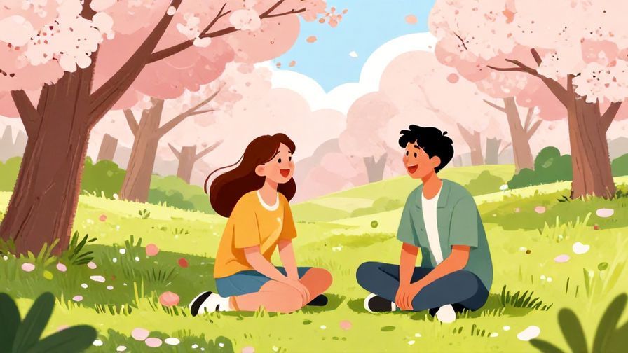 Illustration%20of%20two friends sharing a laugh together in a park with cherry blossoms, vibrant colors