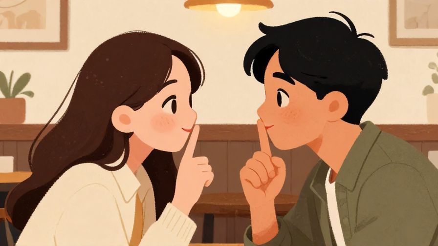 Illustration%20of%20two friends sharing a secret smile, one finger to lips in a playful gesture, cozy cafe background, illustrated style