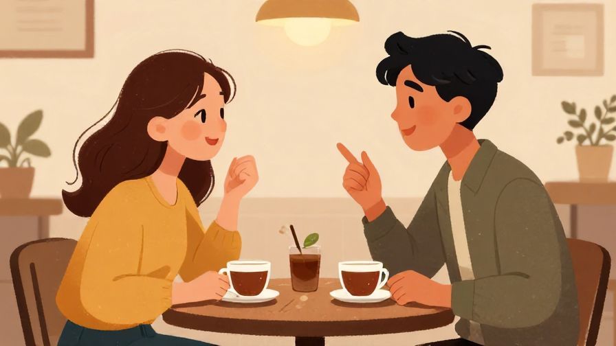 Illustration%20of%20two friends sitting at a cozy cafe table, animatedly chatting with cups of tea, soft warm lighting, illustrated style