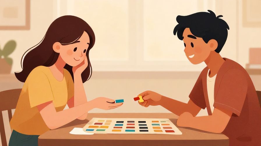 Illustration%20of%20two friends sitting at a table passing a game piece, one smiling gently and nodding at the other, warm lighting