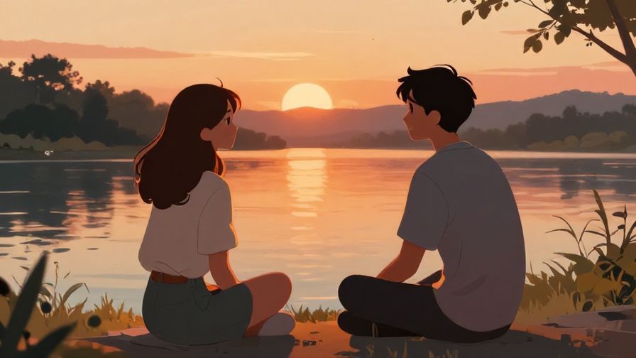 Illustration%20of%20two friends sitting by a river during sunset, deep in conversation, warm tones and soft glow