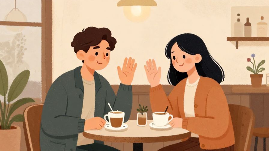 Illustration%20of%20two friends sitting in a cafe, smiling and waving goodbye, cozy interior