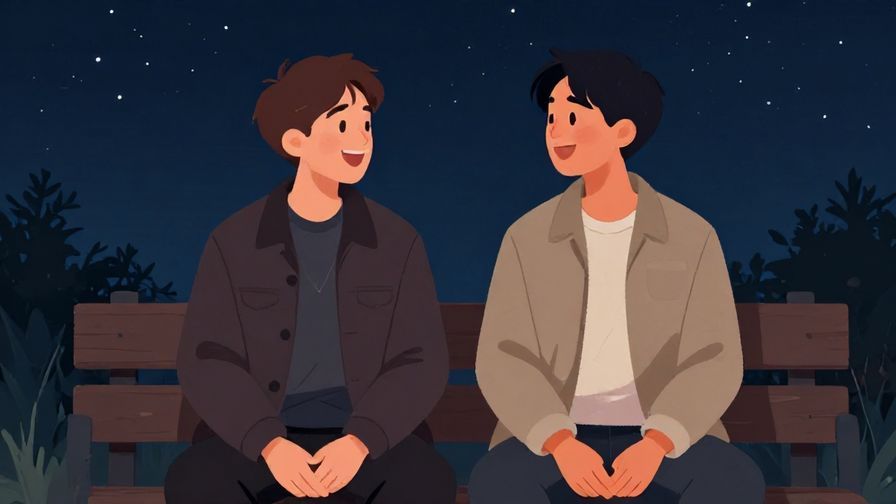 Illustration%20of%20two friends sitting on a bench laughing under a starry night sky, casual and cozy vibe