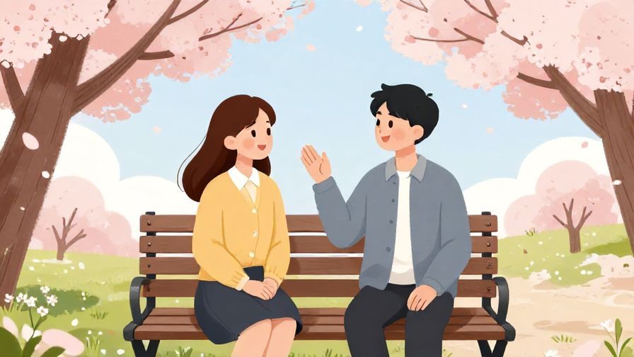 Illustration%20of%20two friends sitting on a bench, one teasing the other with a smile, cherry blossom trees in background, illustrated style