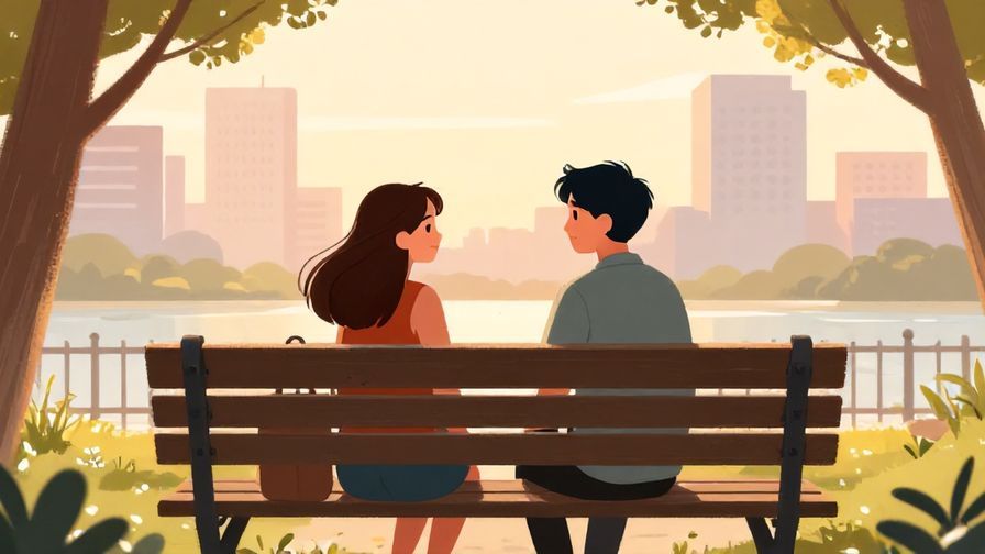 Illustration%20of%20two friends sitting on a park bench, talking closely with a cityscape behind them, warm sunset lighting