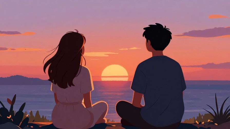 Illustration%20of%20two friends sitting side by side watching a sunset, relaxed and peaceful atmosphere, vibrant colors, illustrated style