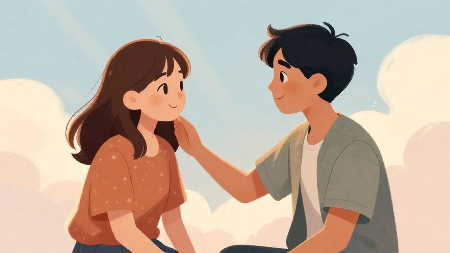 Illustration%20of%20two friends sitting together, one reassuring the other with a gentle smile, a soft sky with light rays in the background, illustrated style, warm colors