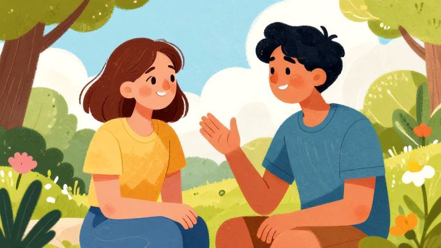 Illustration%20of%20two friends smiling and casually discussing something outdoors, bright sunny day, vibrant colors, illustrated style