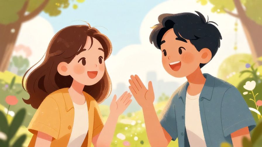 Illustration%20of%20two friends smiling and chatting excitedly outdoors, bright afternoon light