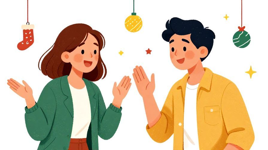 Illustration%20of%20two friends smiling and chatting excitedly with Christmas decorations around, casual and fun atmosphere, bright colors, illustrated style