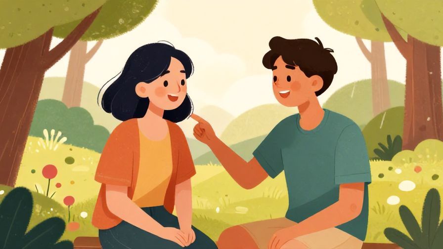 Illustration%20of%20two friends smiling and chatting in a park, one nudging the other playfully, colorful and warm atmosphere