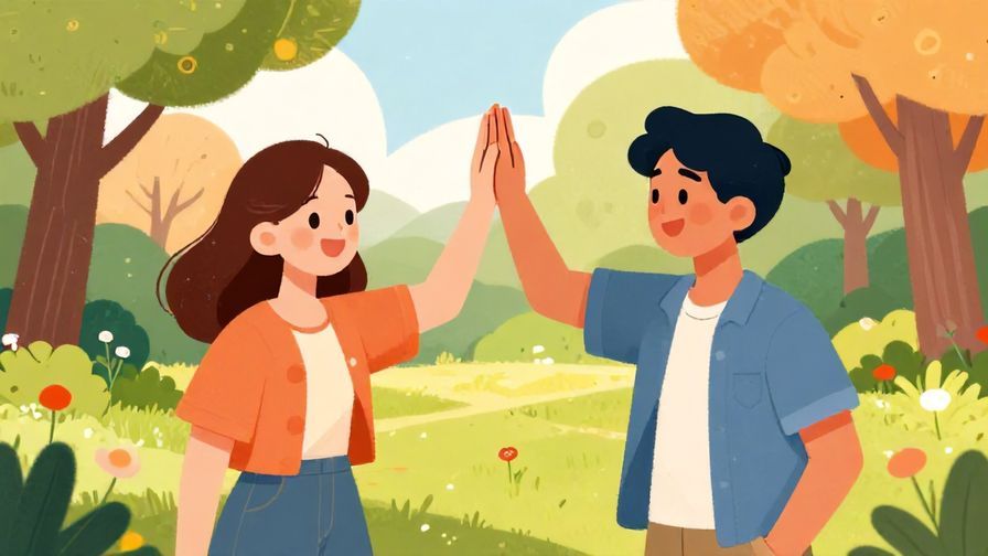 Illustration%20of%20two friends smiling and high-fiving in a sunny park with colorful trees and flowers, showing casual approval