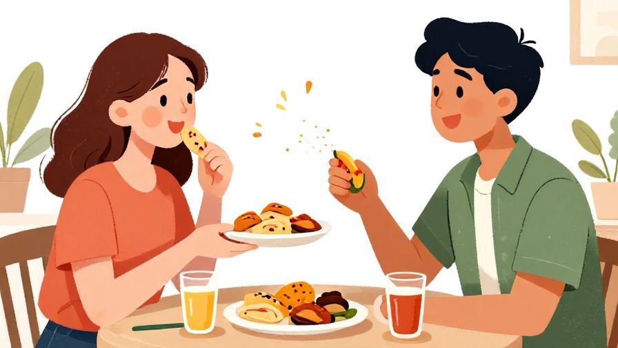 Illustration%20of%20two friends smiling and sharing food, casual setting with snacks and drinks, inviting atmosphere, illustrated style
