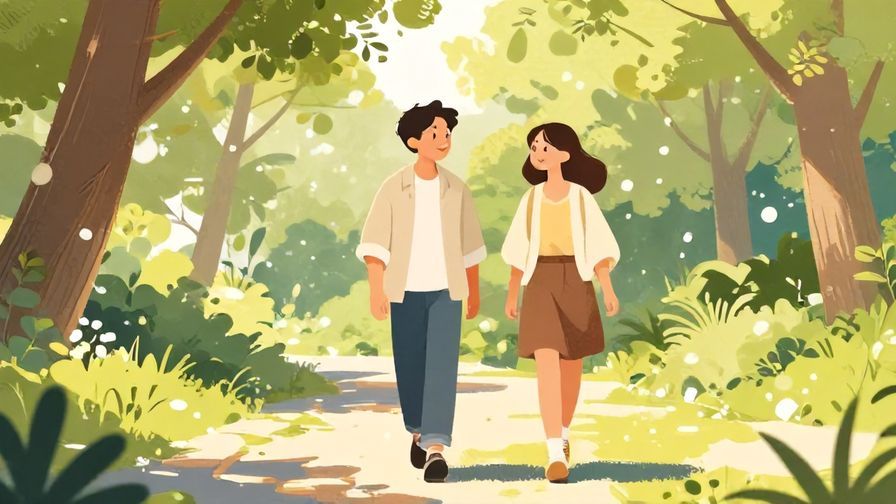 Illustration%20of%20two friends smiling and walking leisurely in a park with soft sunlight filtering through trees, casual atmosphere