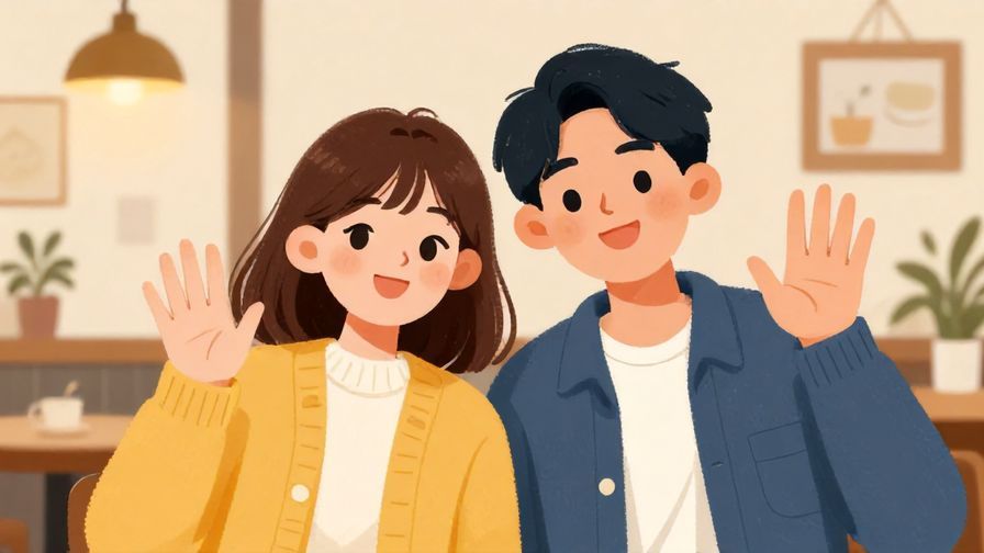 Illustration%20of%20two friends smiling and waving goodbye with a cozy cafe background, bright and warm colors, illustrated style
