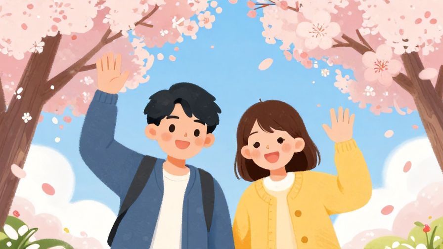 Illustration%20of%20two friends smiling and waving goodbye under cherry blossoms, bright and cheerful colors, illustrated style