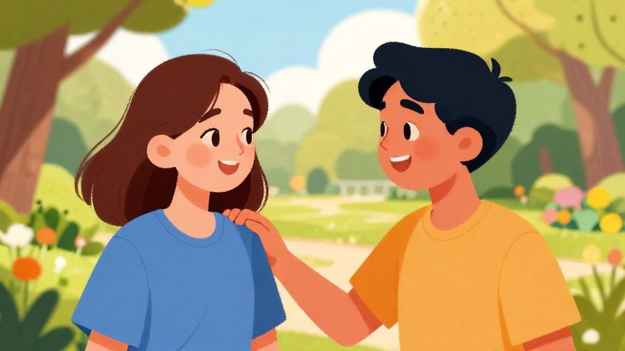 Illustration%20of%20two friends smiling reassuringly at each other, one patting the other’s shoulder, sunny park background, vibrant colors
