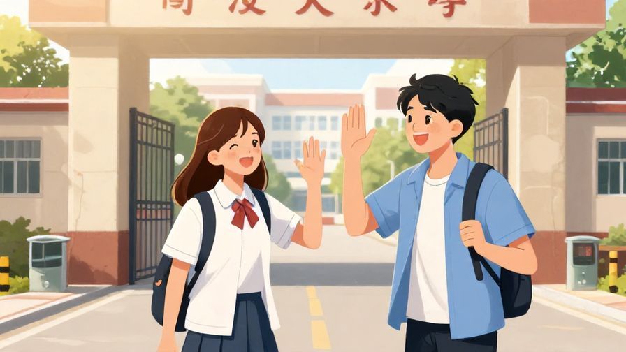 Illustration%20of%20two friends smiling warmly and waving as they part ways near a school gate, afternoon sunlight, illustrated style