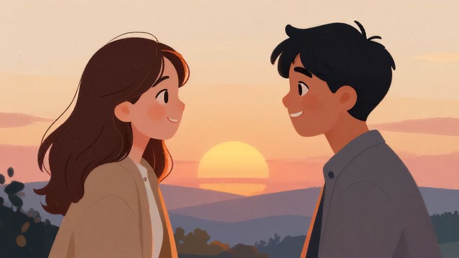 Illustration%20of%20two friends smiling warmly at each other under a peaceful sunset, soft colors, illustrated style