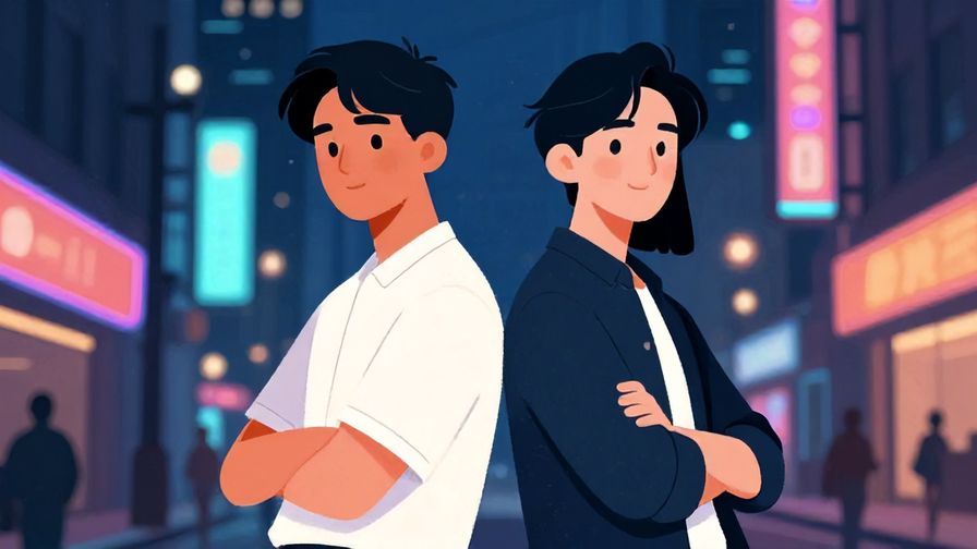Illustration%20of%20two friends standing back-to-back confidently, urban night scene with neon lights, cool atmosphere, illustrated style