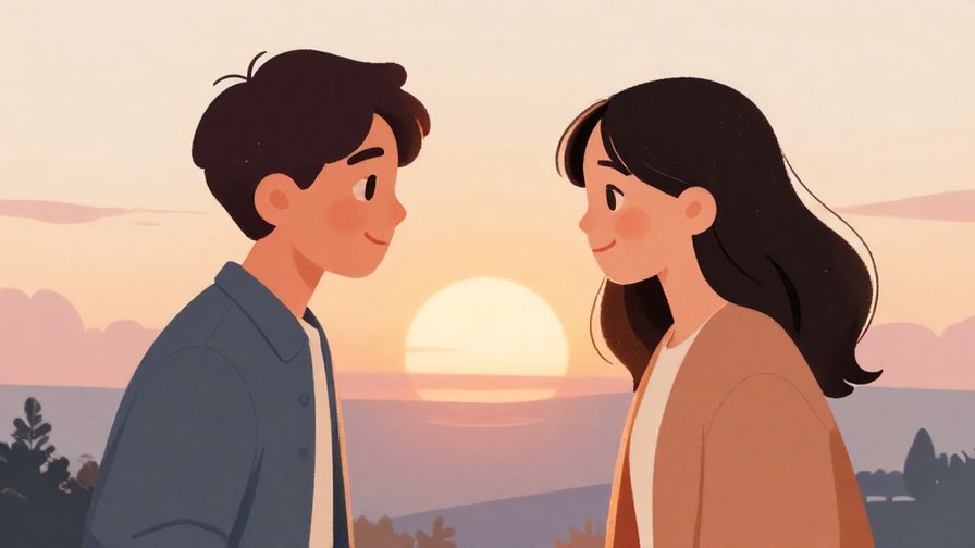 Illustration%20of%20two friends standing together with a soft sunrise in the background, comforting expressions, illustrated style