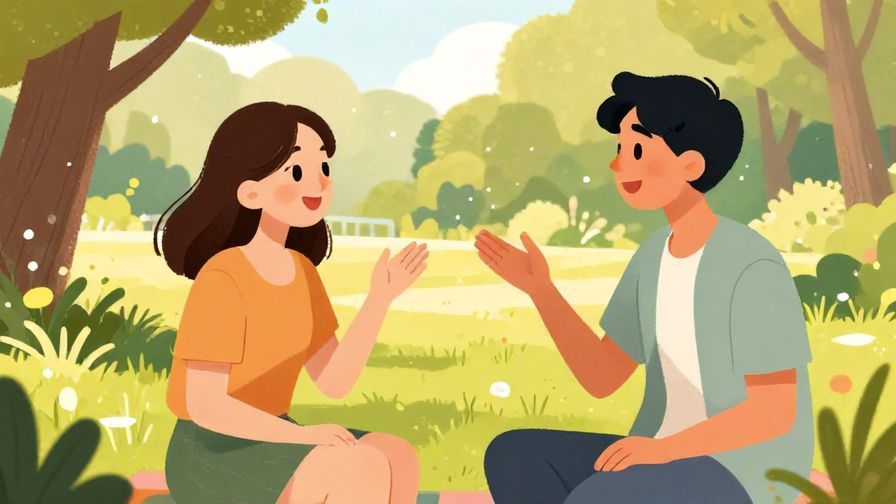 Illustration%20of%20two friends talking enthusiastically in a park, one explaining something with hand gestures, sunny day, illustrated style.